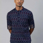 Men Navy Blue & White Ethnic Printed Cotton Linen Straight Kurta