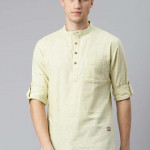 Men Lime Green Solid Straight Pure Cotton Short Kurta