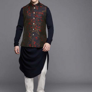 Men Navy Blue & White Self Design Pleated Kurta with Churidar & Nehru acket