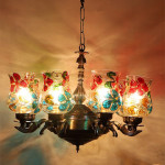 Red & Blue Mosaic Design Glass 8 Shades Chandelier